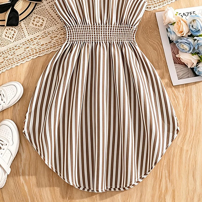 Blau-weiß gestreiftes Kleid für Mädchen von 8–12 Jahren, Hemdkragen mit Rüschenärmeln und gestreiftes Button-Down-Kleid mit seitlichen Bändern, lässige Kinderkleidung – Detail 23
