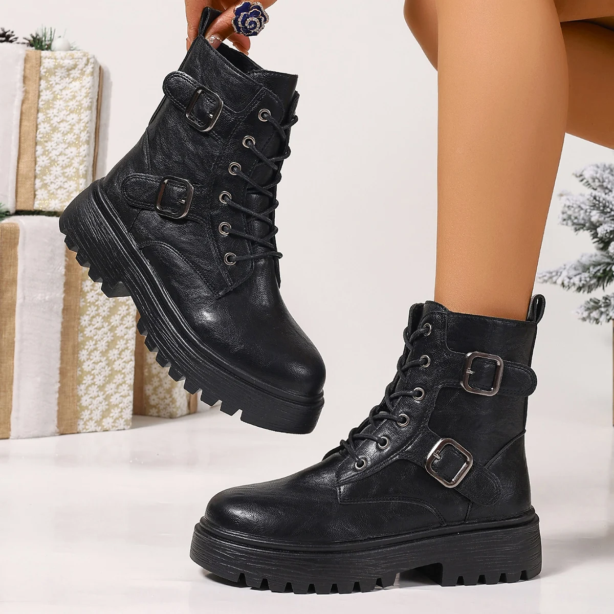 Women's Black Platform Combat Boots Fashion Buckle Strap PU Leather Ankle Boots Woman Plus Size Non Slip Motorcycle Botas Mujer