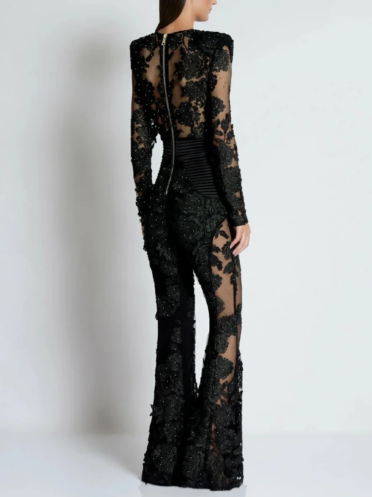 Sexy Deep V Neck Floral Lace Diamonds Design Jumpsuit Women Long Sleeve Lace Patchwork Beaded Wide Leg Jumpsuit Evening Runway