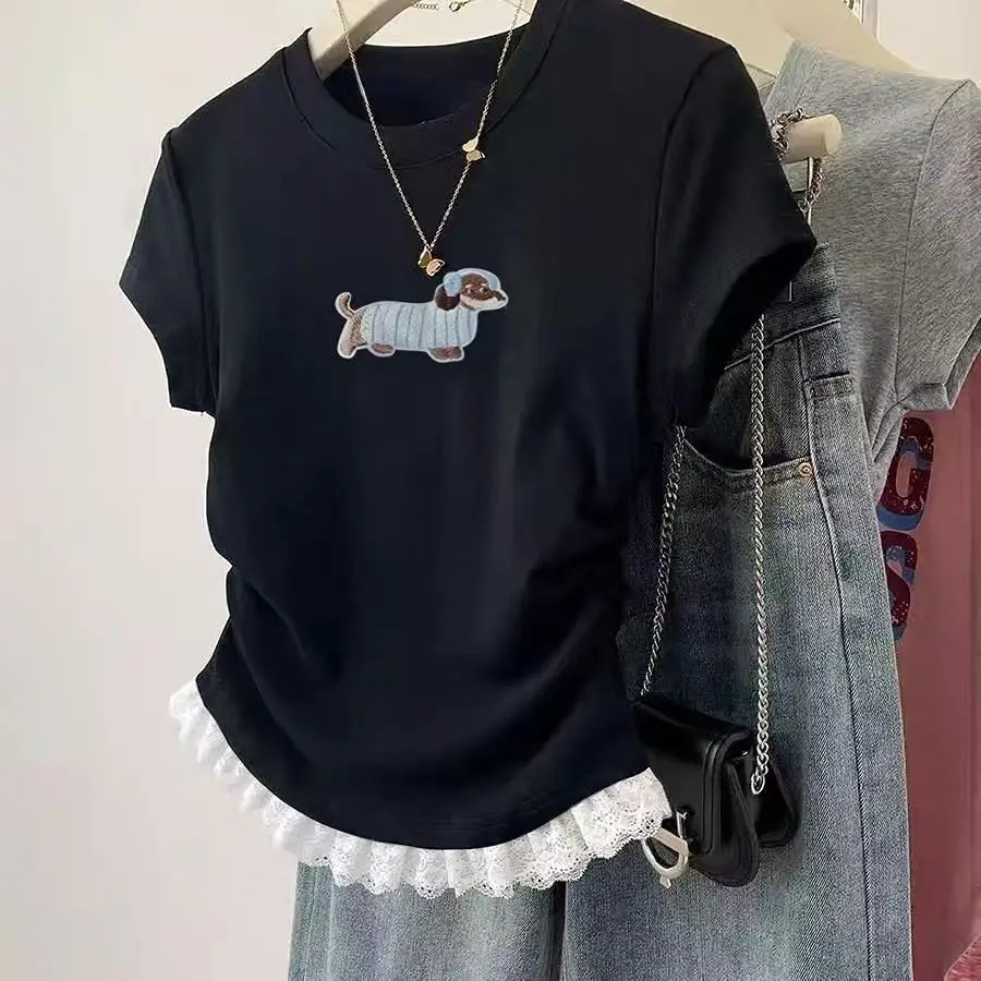 Lace Trim Puppy Dogs Print Short Sleeve T Shirt Summer Short Style for Petites Grey & Black Ribbed Slim Fit Crop Top for Women