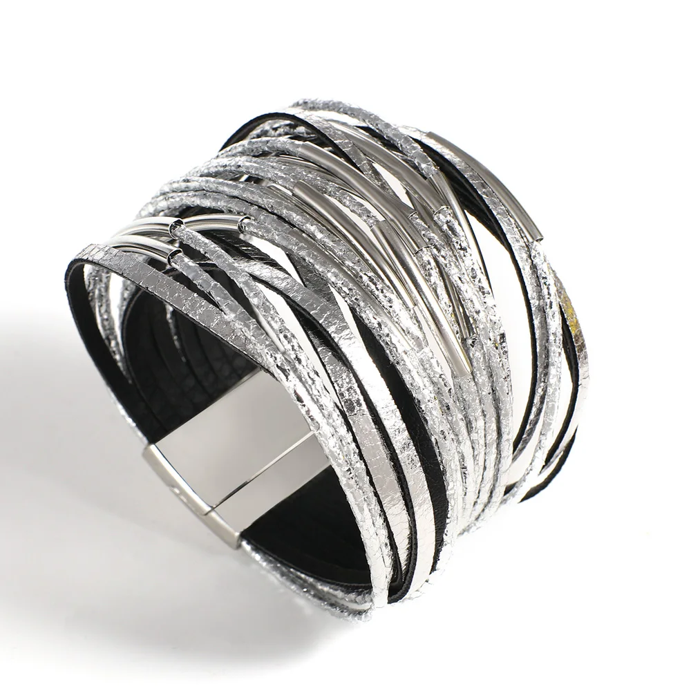 ALLYES Trendy Metal Tube Leather Bracelet for Women Men Chunky Glitter Filled Slim Multilayer Wrap Wide Bracelets Party Jewelry