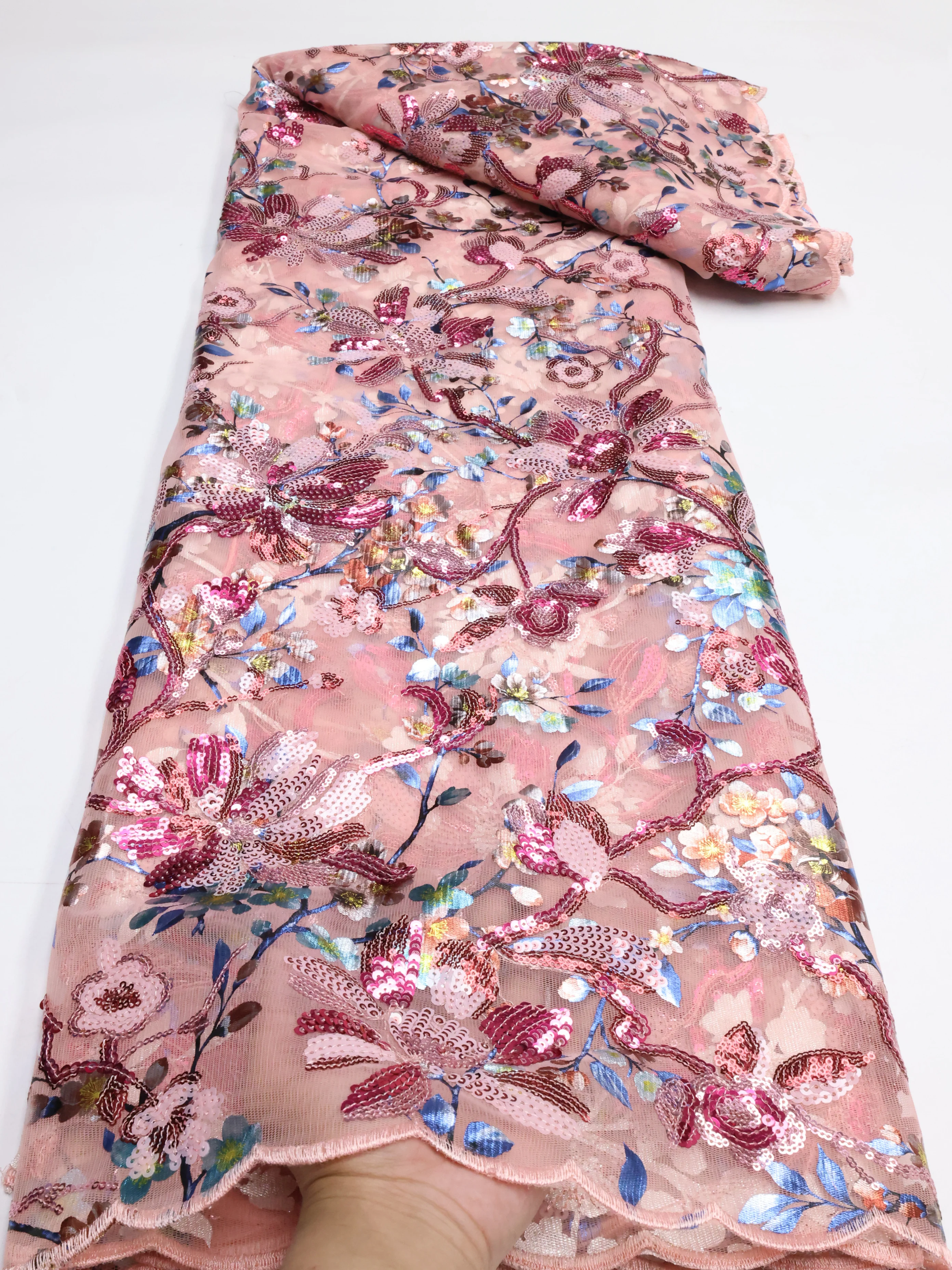 

Sequin-Embellished Mesh Net Fabric Plum Blossom Design Lace African Hot Sale for Exquisite Wedding Party Dresses or Home Dector