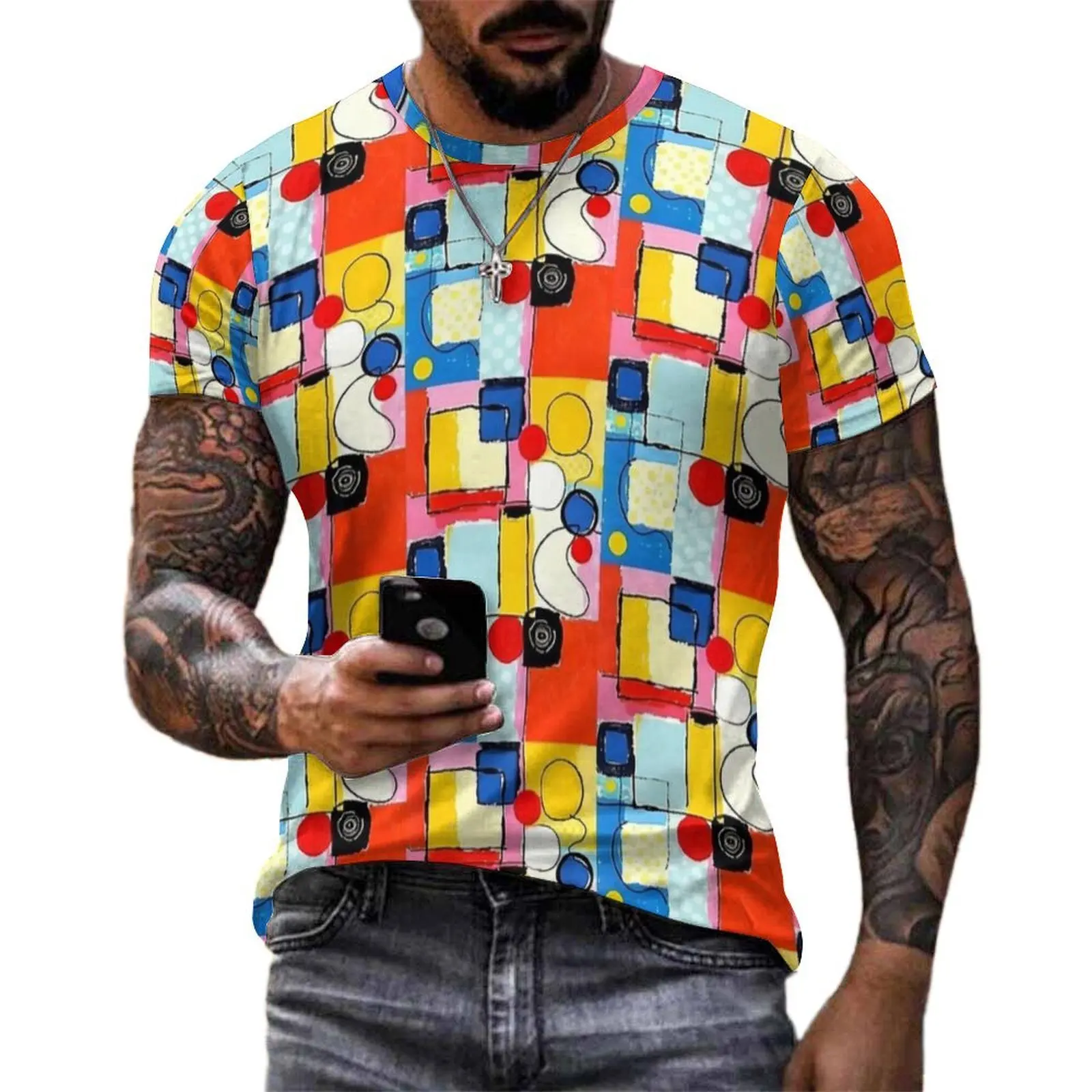Whimsical Geometric Play Print T-Shirt Cool T-Shirts Short Sleeve Graphic Tshirt Wholesale Summer Streetwear Big Size Clothes