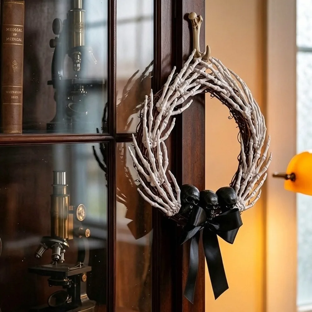 Dark Style Halloween Skeleton Hand Wreath White Bones Black Ribbon Halloween Artificial Wreath Black Bow Black Branch Wreaths