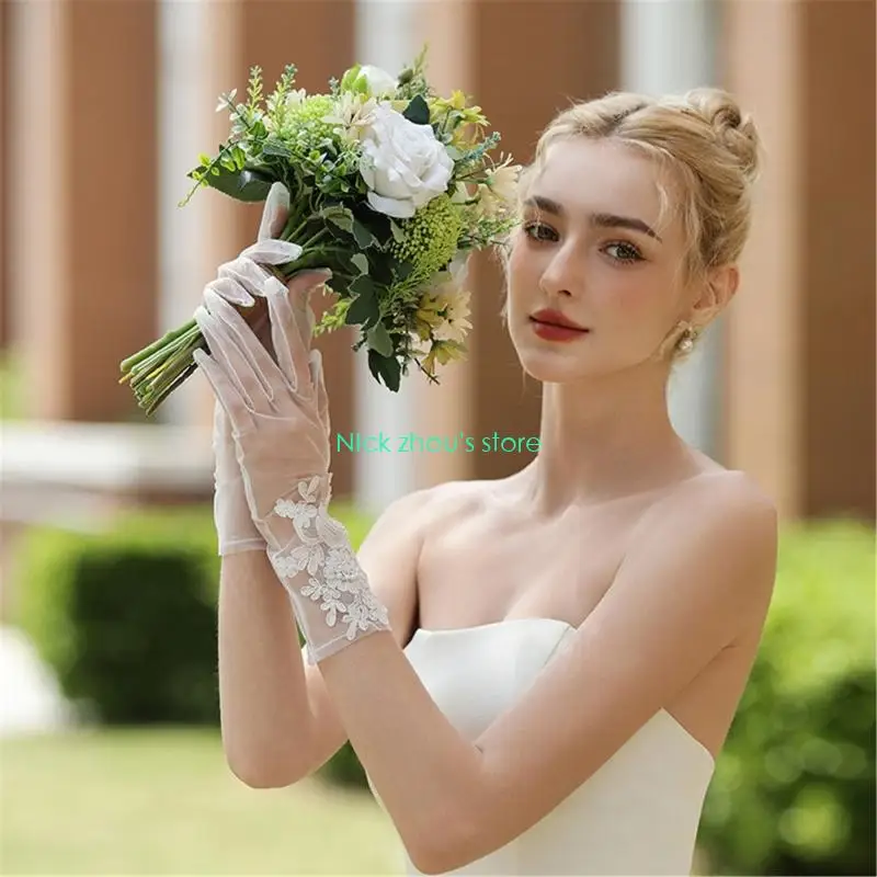E15E قفازات زفاف شبكية متينة من الدانتيل، ملابس ناعمة لحفلات التصوير الفوتوغرافي وإكسسوارات يد العروس
