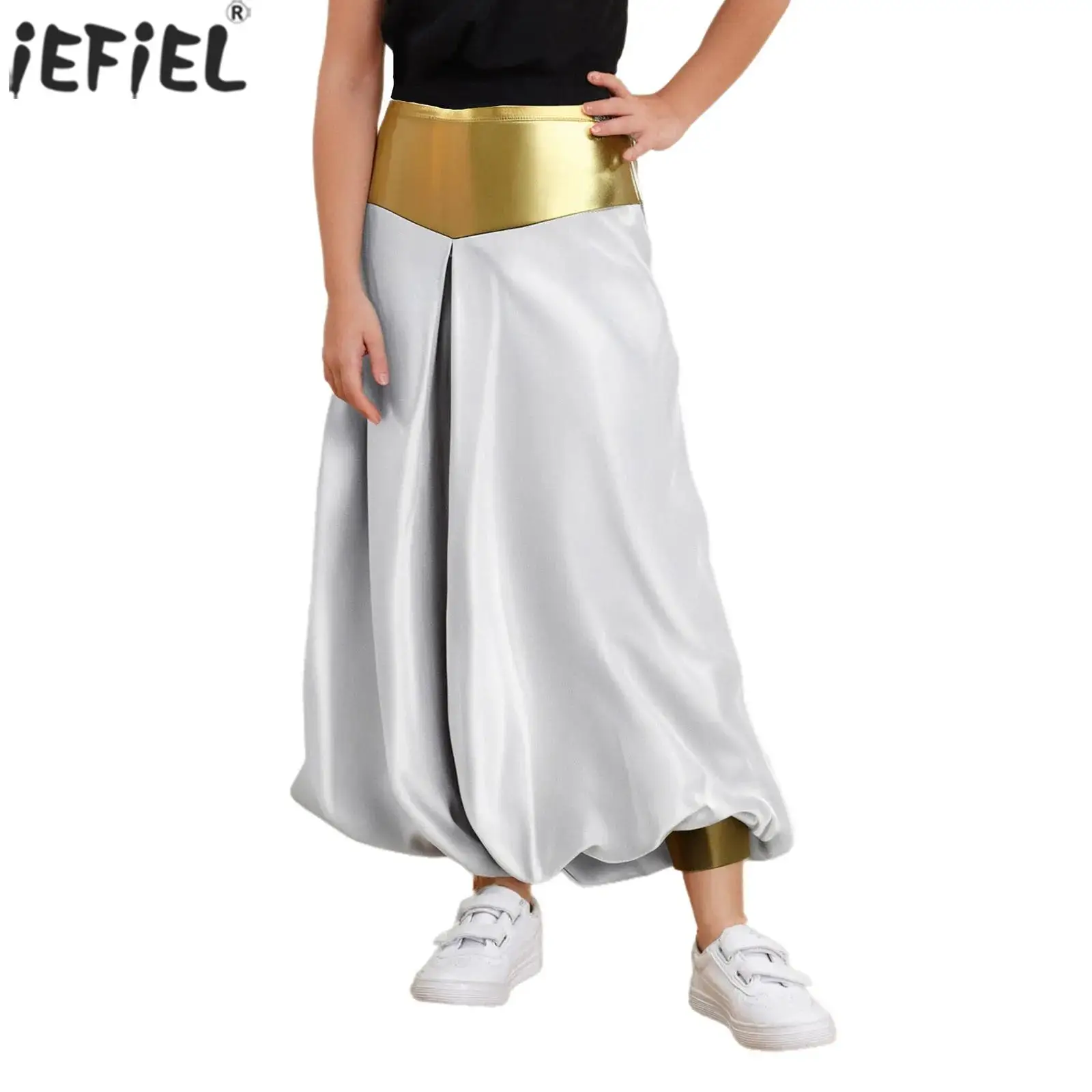 

Kids Boys Arabian Prince Harem Pants Metallic Shiny High Waist Loose Lantern Trouser Halloween Carnival Party Cosplay Costume