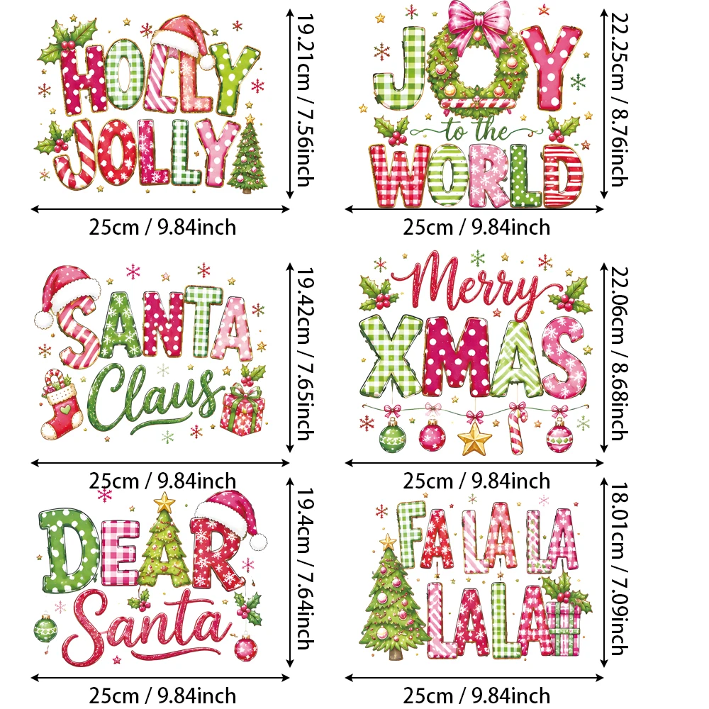 6Pcs Merry Xmas Vinyl Iron-on, Ornament Detail, UV Resistant & Temp Swing Proof, Detergent-Safe Washable