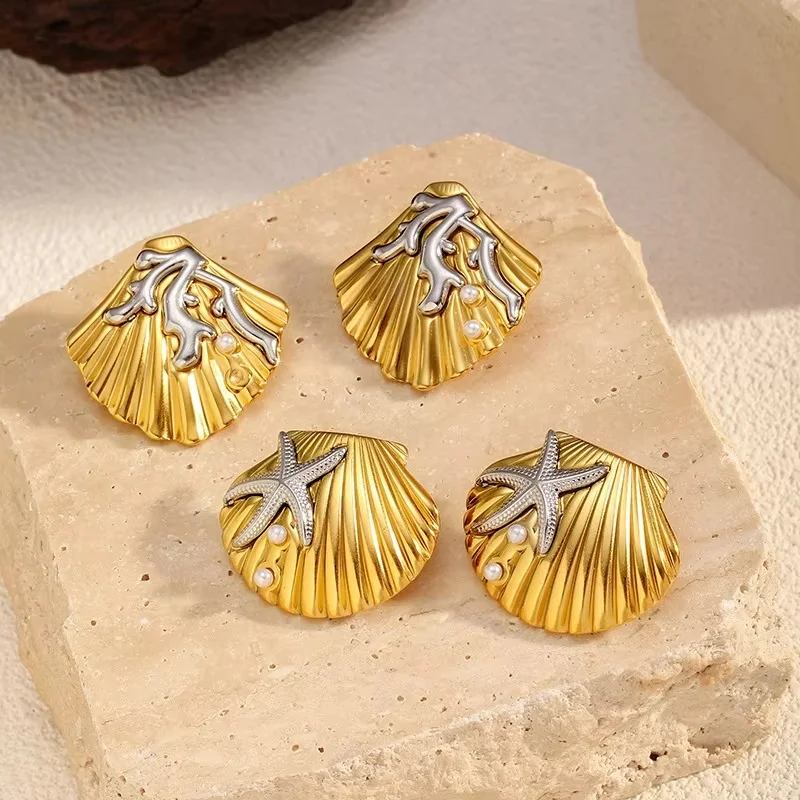 

Fashion Geometric Design Shell Texture Earrings Fashion Stainless Steel Starfish Pearl Earrings For Woman Daily Wear Party Gift
