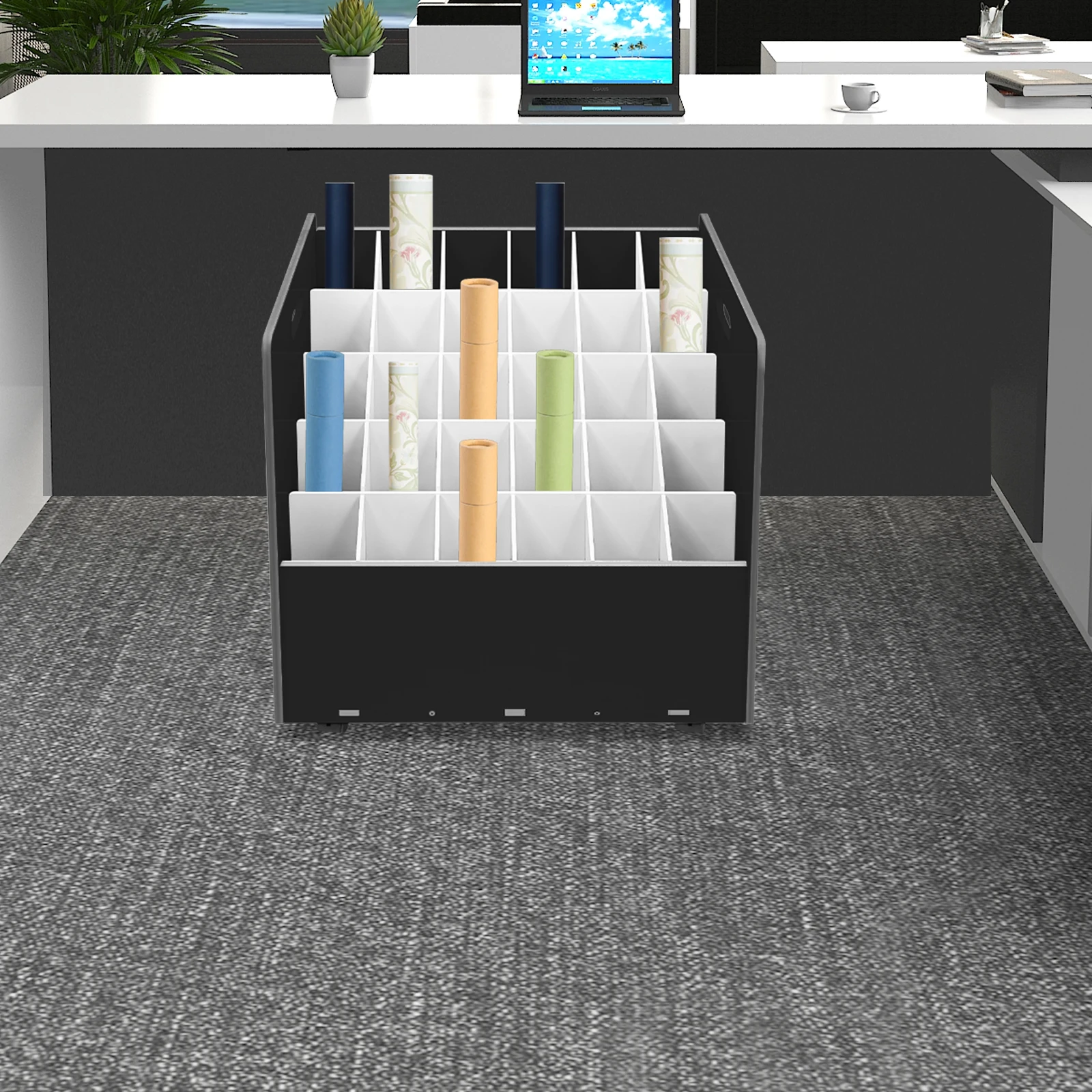 

Black PVC 58 * 58 * 40cm 30-slot Drawing Frame with Brake Wheel. File Storage Cabinet Blueprint Paper Sorting Rack