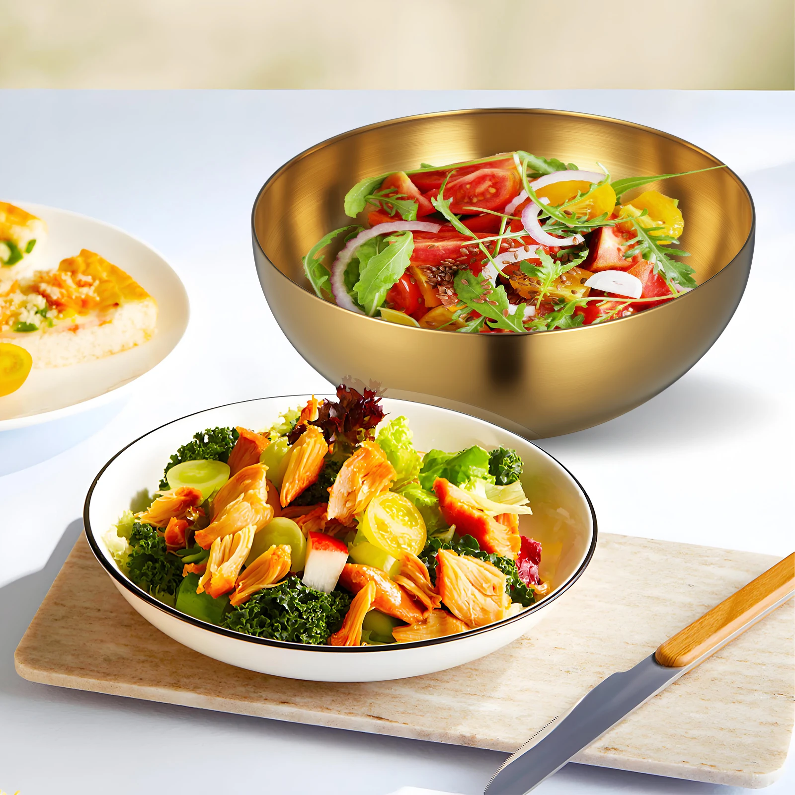 

3pcs Stainless Steel Salad Set Creative Kitchen Serving Bowl For Fruit Dessert Snack Multi-Function Food Accessories Household