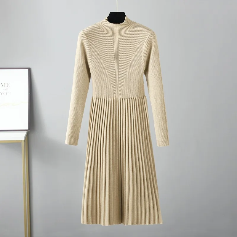 HLBCBG Elegant OL Turtleneck Slim Long Sweater Dress Women Thick Knit Autumn Winter Dress Female Slim A-line Basic Dress Casual