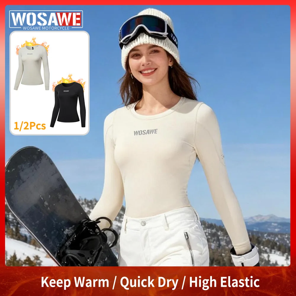 

WOSAWE 1/2Pcs Women Ski Thermal Underwear Jacket Fleece Lined Base Layer Shirts Double Board Single Board Outdoor Crew Neck Tops