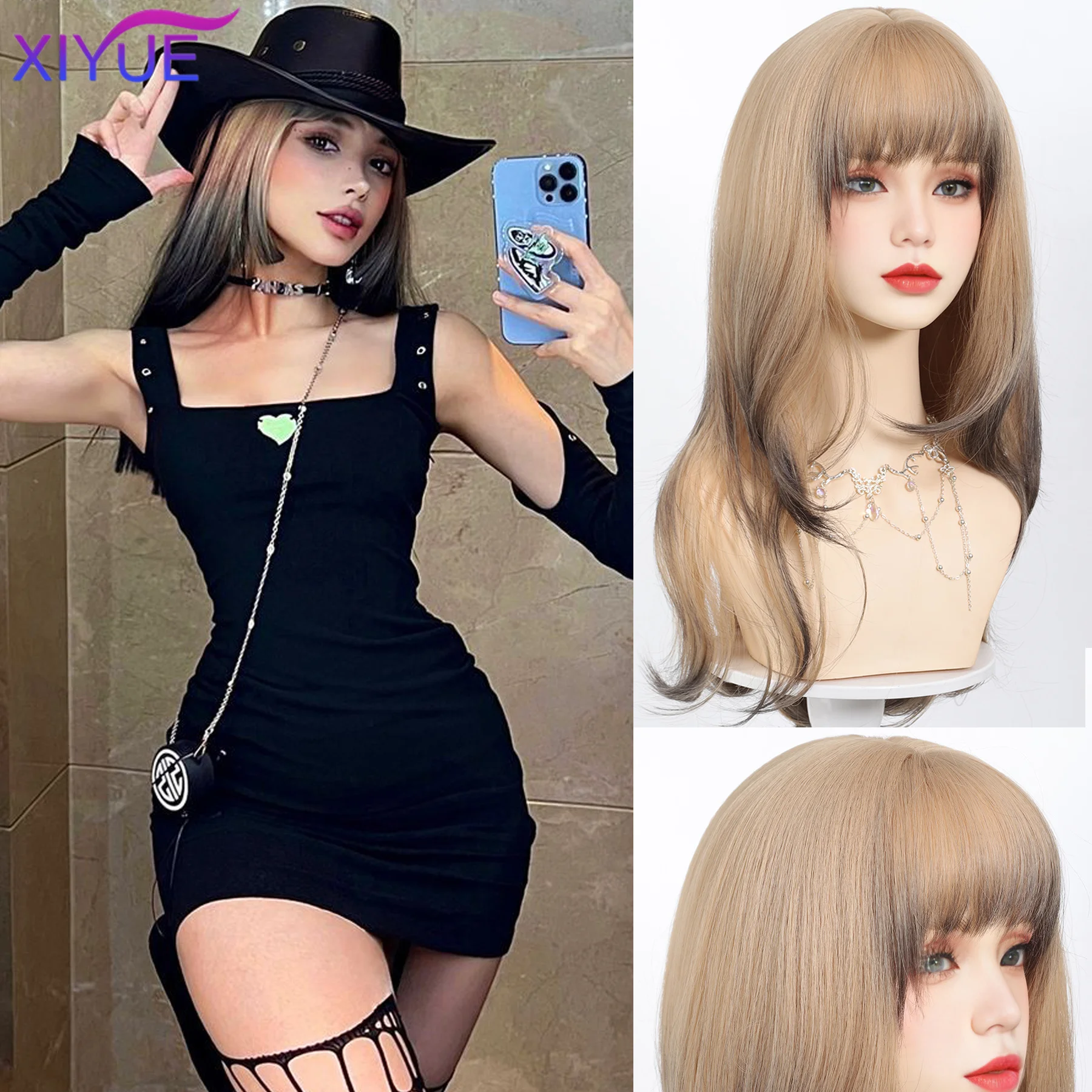 Platinum Blonde Ombre Long Synthetic Wigs with Bangs Straight Layered Cosplay Party Wigs for Women Natural Hair Heat Resistant