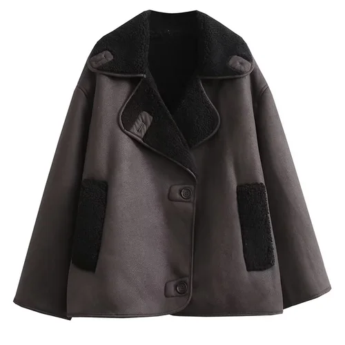 Imagen 2 del producto HXAO Chaqueta de mujer Chaqueta de piel sintética Ropa de abrigo para mujer Chaqueta de invierno cálida Abrigos de manga larga de mezcla de lana para mujer Chaquetas gruesas