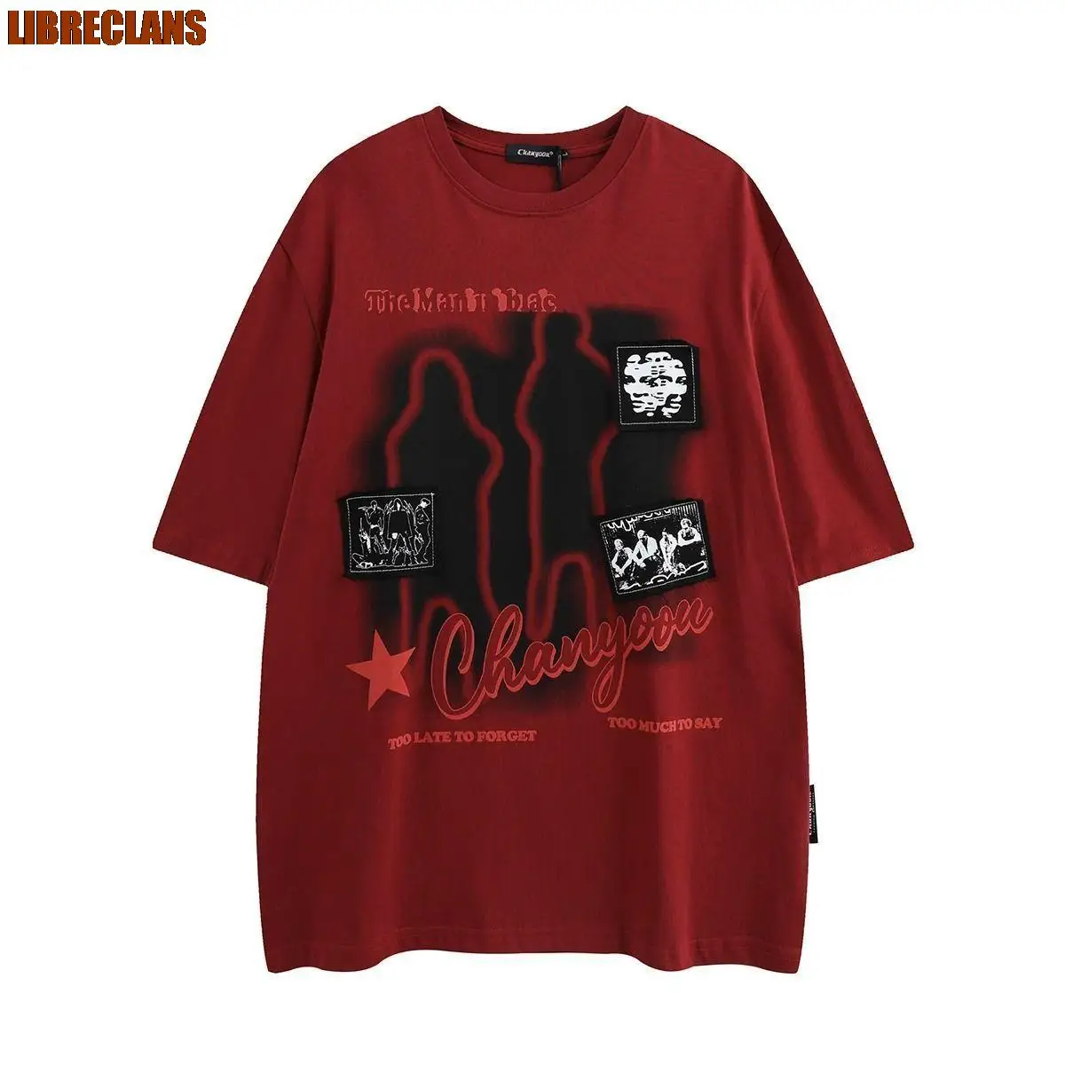 LIBRECLANS 빨간색 여성 티셔츠, 하라주쿠 프린트 크루넥 루즈탑, Y2k 반팔, 여름 패션, 힙합 의류, 2023 신상 