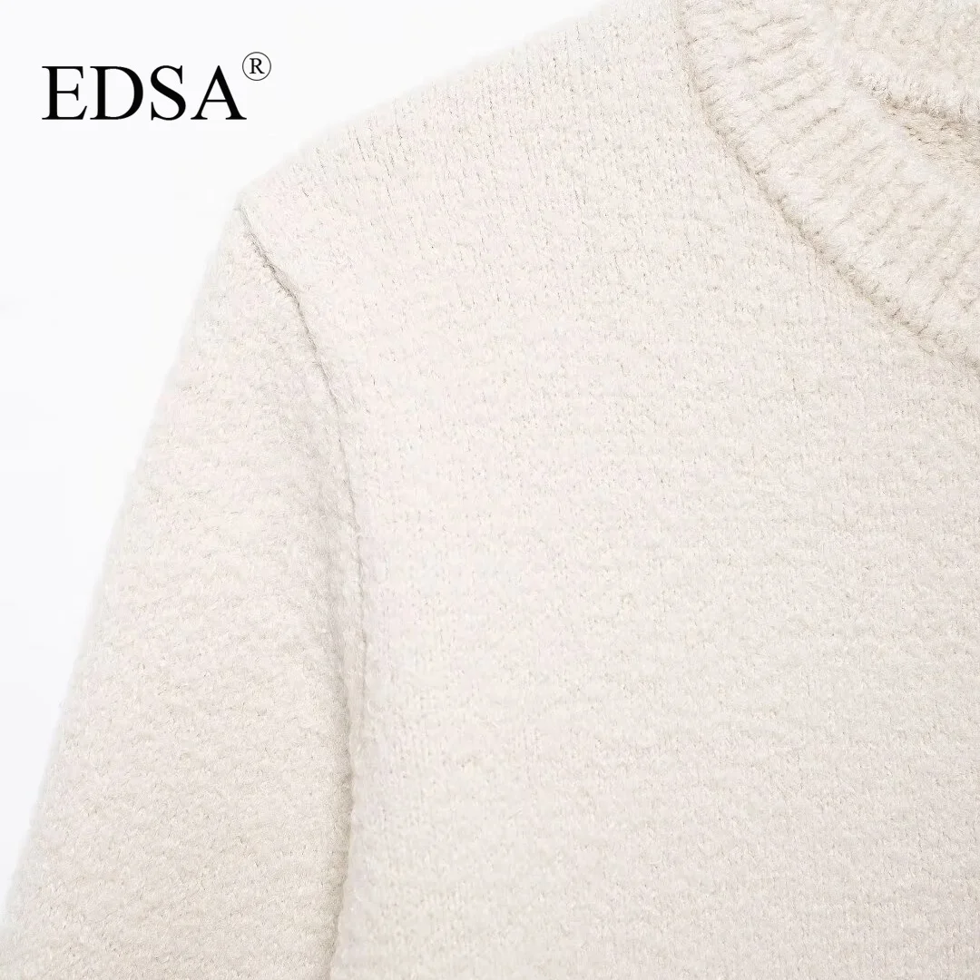 EDSA Women Knit Cardigan with Bows Frayed Trims Autumn Female Long Sleeves Round Neck Patch Pockets Sweater Coat