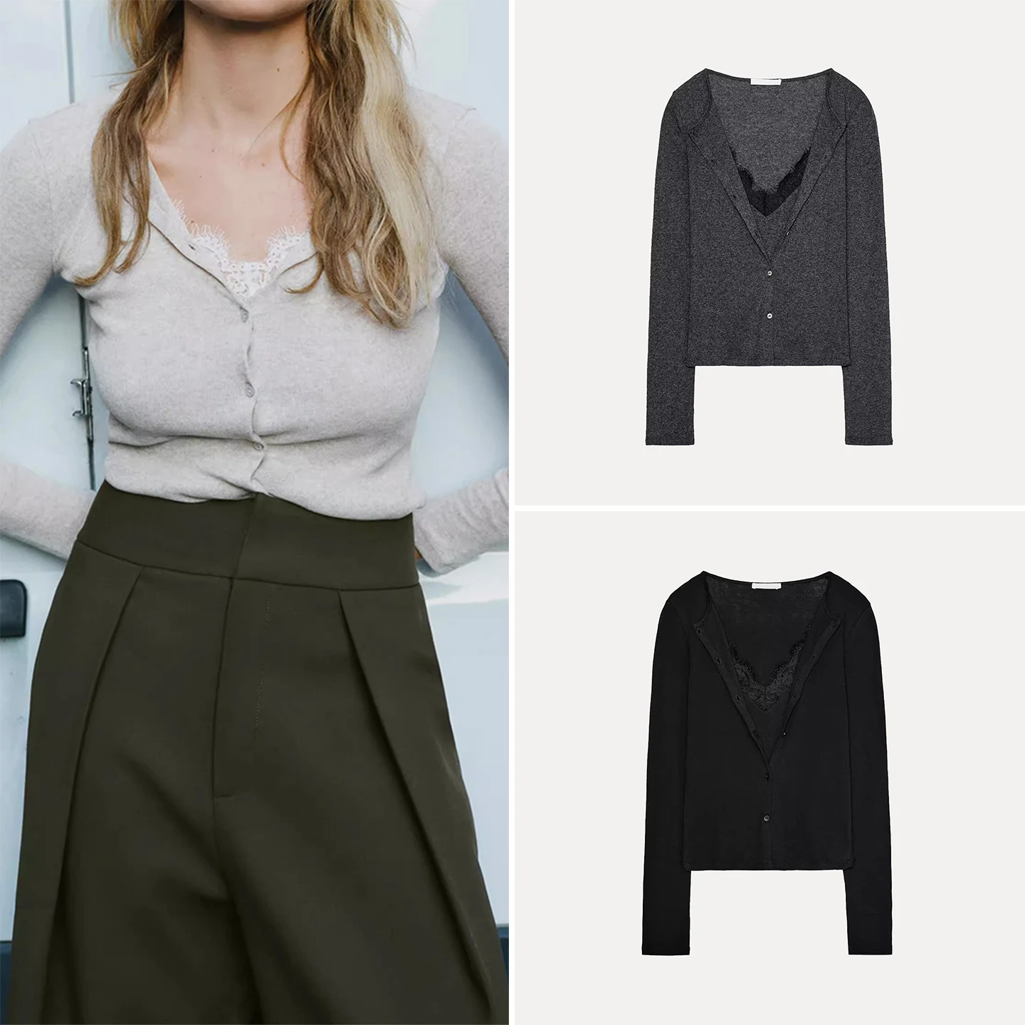 

Faionable Lace Patchwork Jaet Top Women's Sle Simple Personali Autumn 2025 New Arrival Casual V-ne Long Sve or...