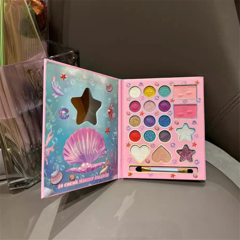 18 Colors Mermaid Princess Matte Eyeshadow Palette with Powder Puff Stick Glitter Blush Eye Shadow Makeup for Stage Performance