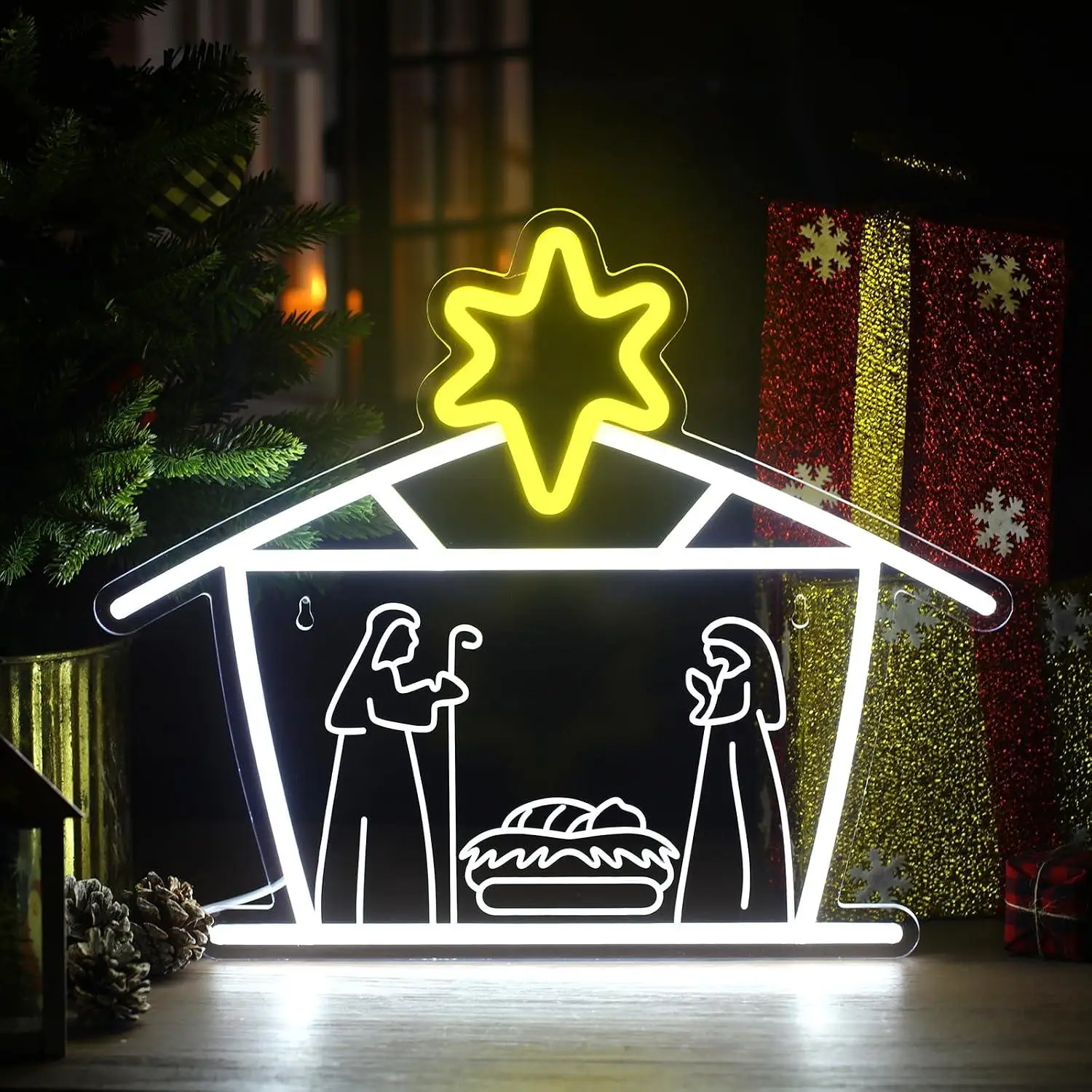 Christmas Nativity Scene Star Neon Sign USB Dimmable LED Lights For Xmas Holiday Home Table Wall Indoor Decor Gift Night Light