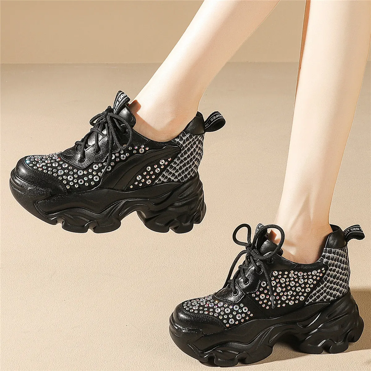 

Rhinestone Pumps Shoes Women Lace Up Genuine Leather Super High Heels Ankle Boots Female Round Toe Fashion Sneakers Casual Shoes