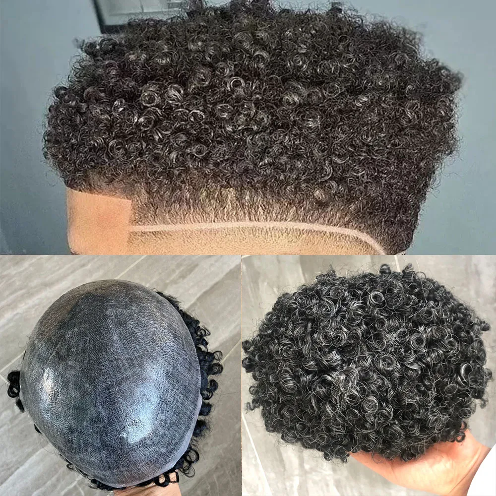 15MM Curly Men's Toupee Durable Man African American Wig Thin Skin Real Human Hair Replacement System Unit Prosthesis