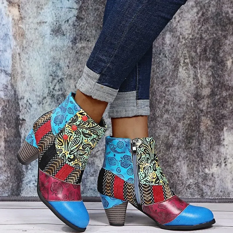 Ethnic Boots For Women PU Square Heel Round Toe Side Zipper Street Style British Style Ankle Mixed Colors Retro Womens Shoes New