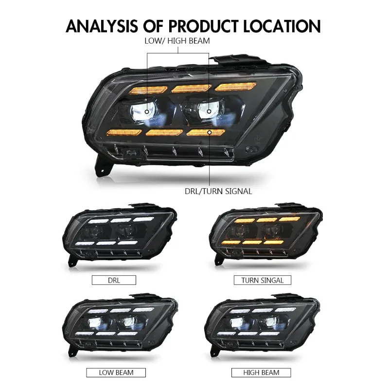 المصابيح الأمامية لجهاز العرض LED لعام 2013 2014 فورد موستانج - زوج المصابيح الأمامية الديناميكية