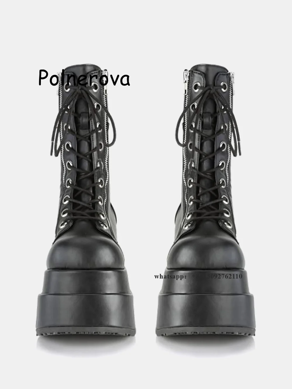 Black Thick Sole Boots Wedges Zipper Tie Women\'s Shoes Round Toe Winter Casual Height Increasing Retro British Style Punk Boots