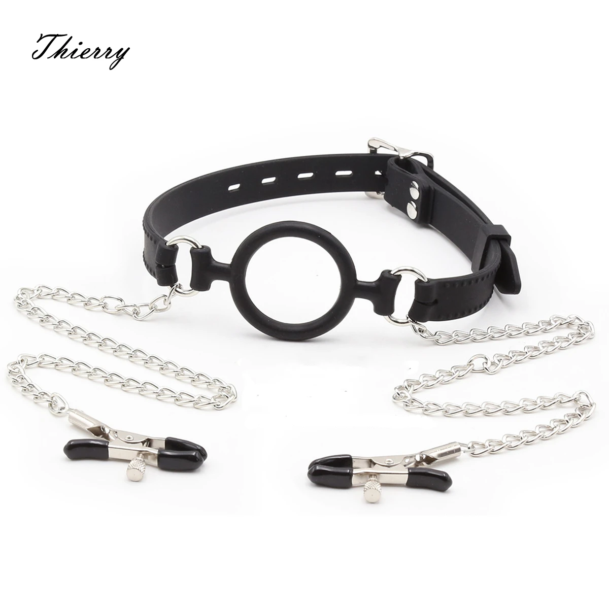 Thierry Silicone Gag O-Ring com braçadeira de mamilo para mulheres, Bondage bloqueável ajustável, jogo adulto, brinquedos sexuais eróticos