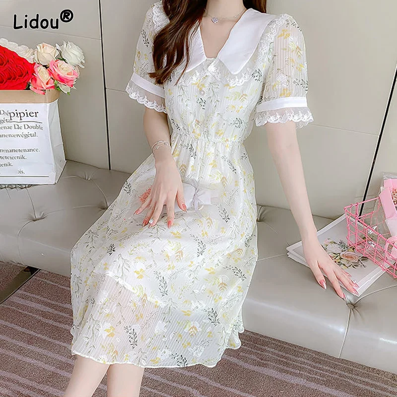 

Chiffon Peter Pan Collar Lace Print Mid-calf Dresses Empire Button Puff Sleeve Slim Pullover Summer Fairycore Women's Clothing