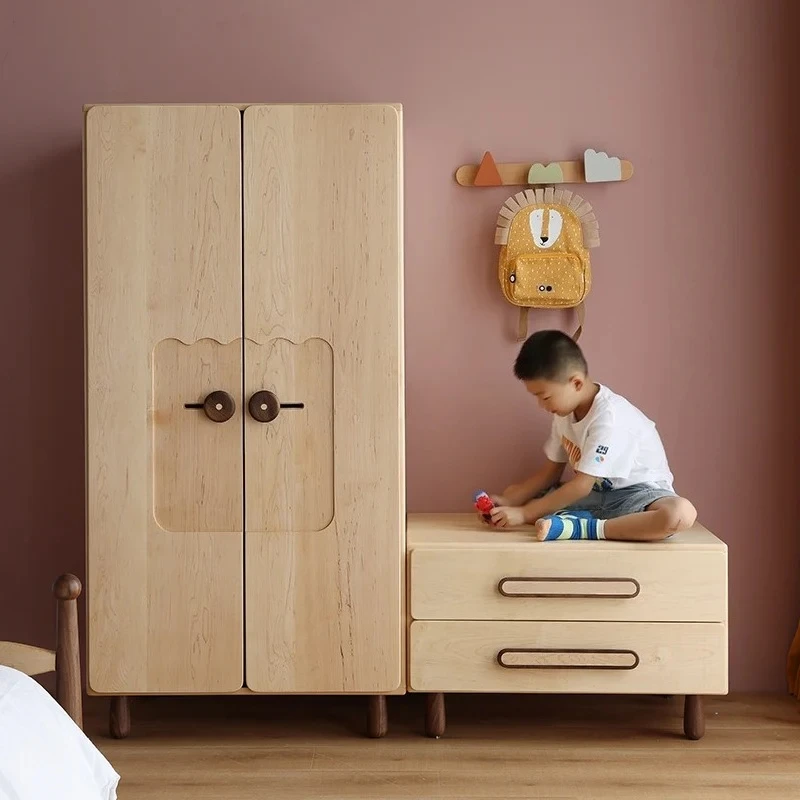 Armario nórdico totalmente de madera maciza para niños, armario de dormitorio, colección de almacenamiento combinada multifuncional