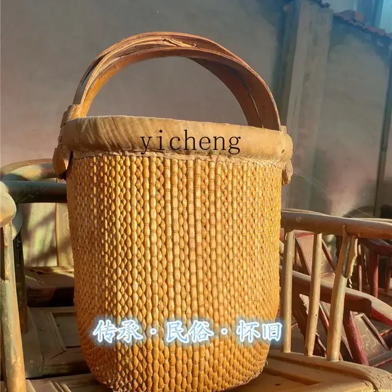 XL Folklore Nostalgic Old Objects Pure Willow Weaving Bucket Wicker Weaving Basket Portable Willow Weaving Basket