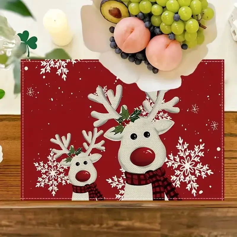 VIKAMA 2/4/6pcs Christmas Reindeer Printed Placemats Washable Heat Resistant Table Mats Xmas Holiday Kitchen Dining Home Decor