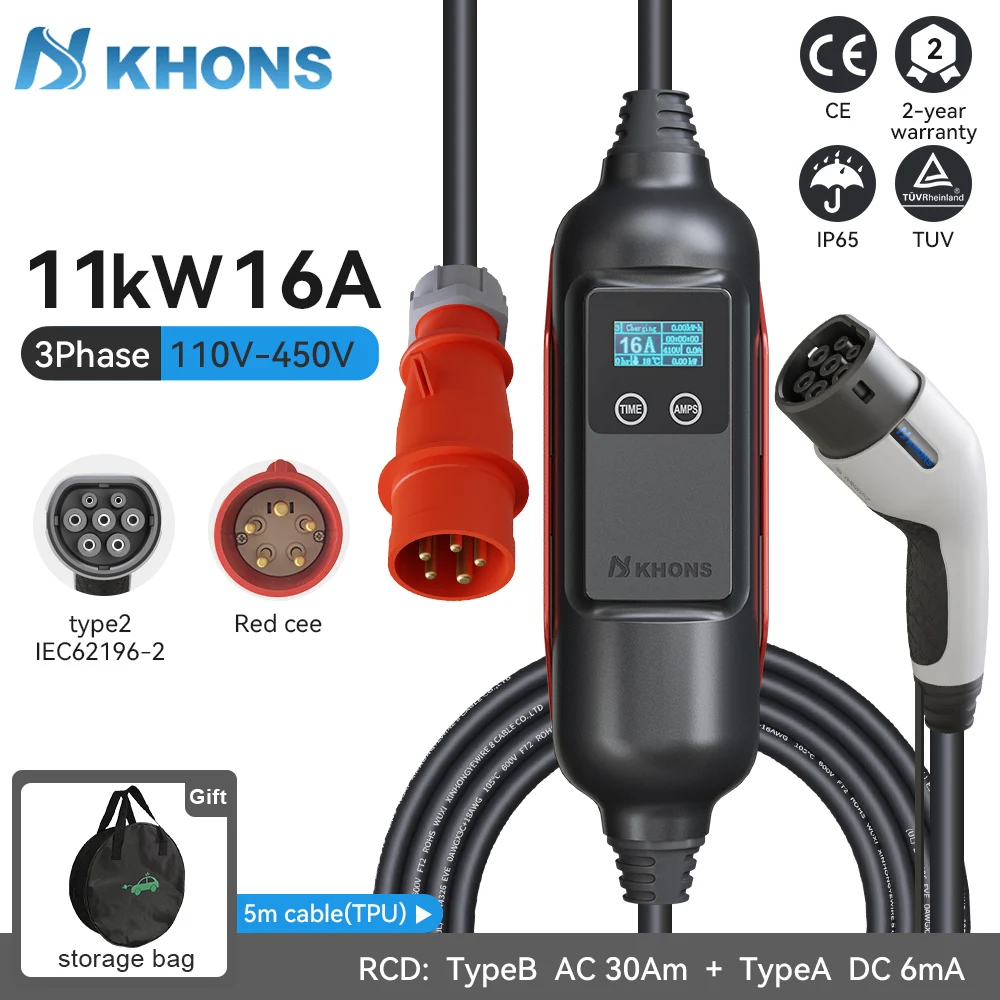 Khons 11KW 16A caricatore portatile per veicoli elettrici Type2 EV caricatore portatile EVSE scatola di ricarica caricatore per veicoli elettrici