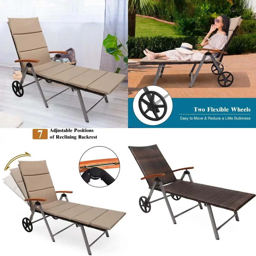 

Folding Adjustable Rattan Lounger Chair with Wheels, Mix Brown
