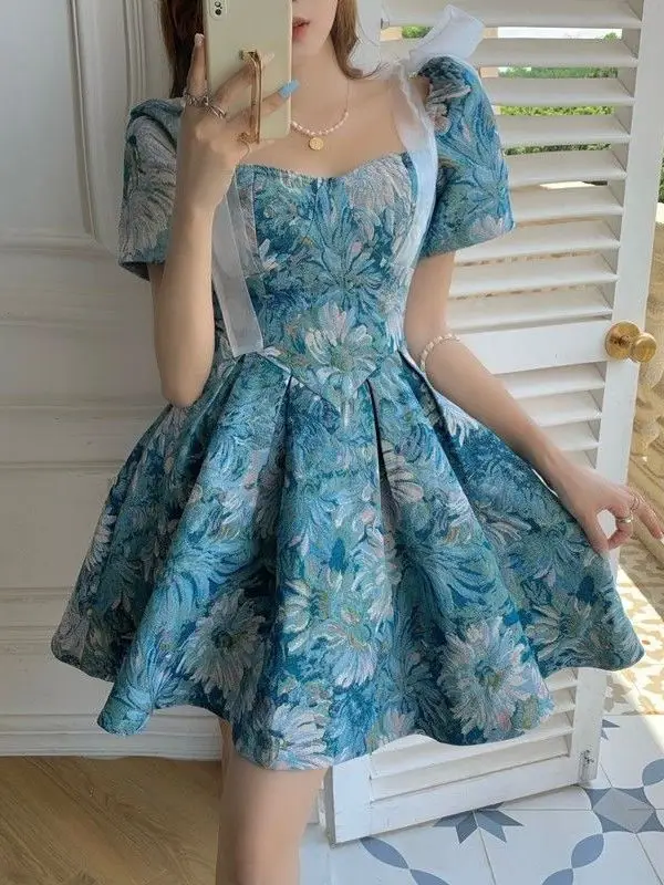 Unique Beautiful Oil Painting Short Sleeve Princess Dress Women's Summer New Style V-neck  Knot French Style Dress