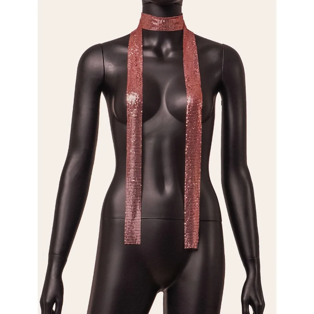 Kalung Choker Rantai Panjang Tipis Seksi dengan Liontin Berkilauan, Syal Payet Estetika Fashion, Paduan Aluminium Punk, Glittering Bling untuk Wanita
