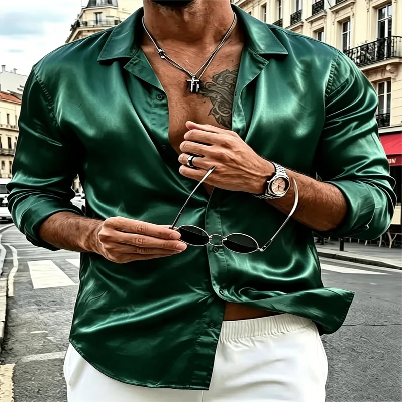 Men Wine Red Satin Long Sleeve Shirt Luxury Silky Lapel Button‑Up Blouse Casual Party Streetwear Formal Male Top