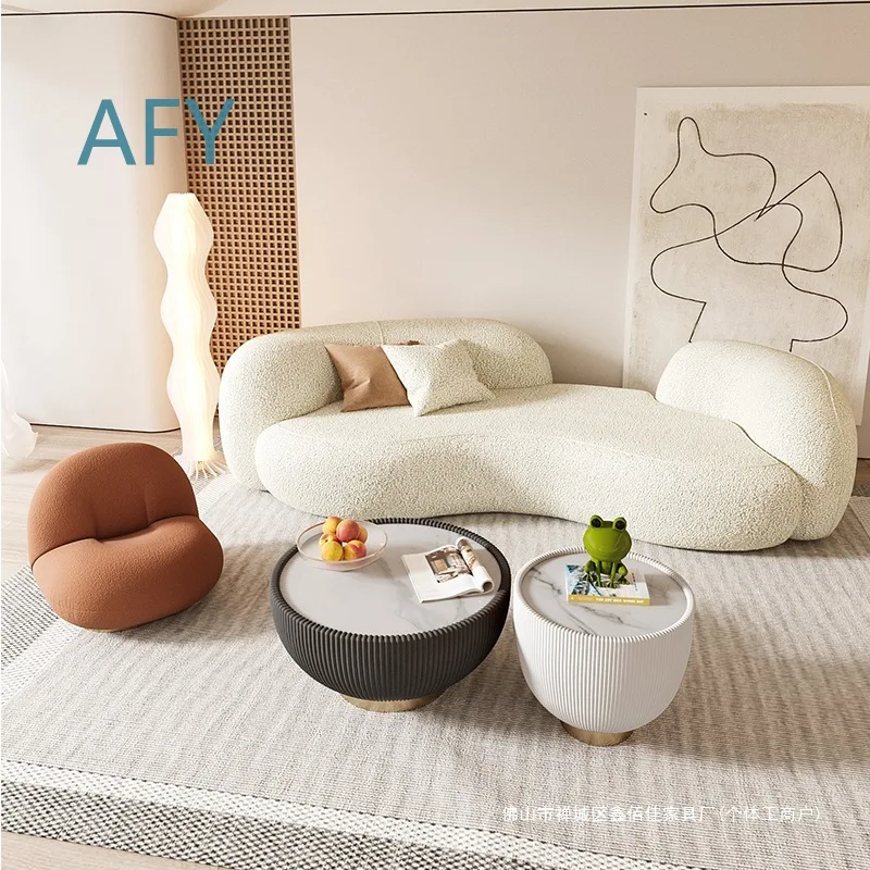 Creamy Arc Shaped Sofa for Modern Minimalist Living Room Beauty Salon Airbnb Lounge Reception Area with Soft Lambskin Fabric