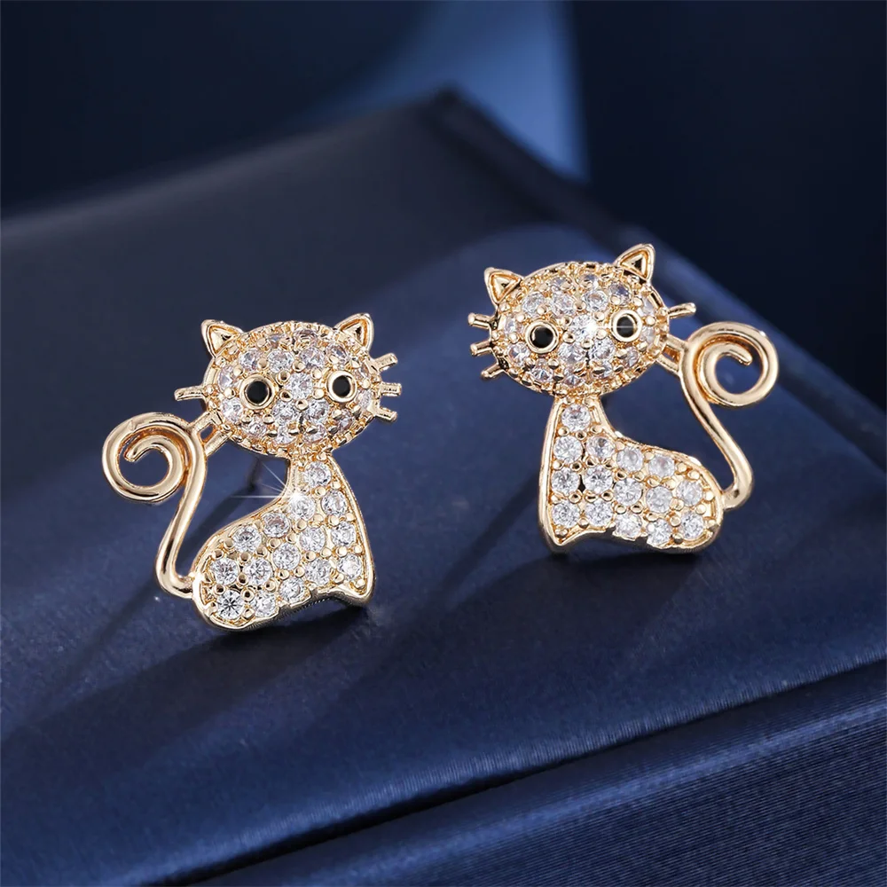 White Zircon Cute Animal Small Cat Stud Earrings For Women Fashion Gold Silver Color Ear Studs Wedding Jewelry Mother's Day Gift