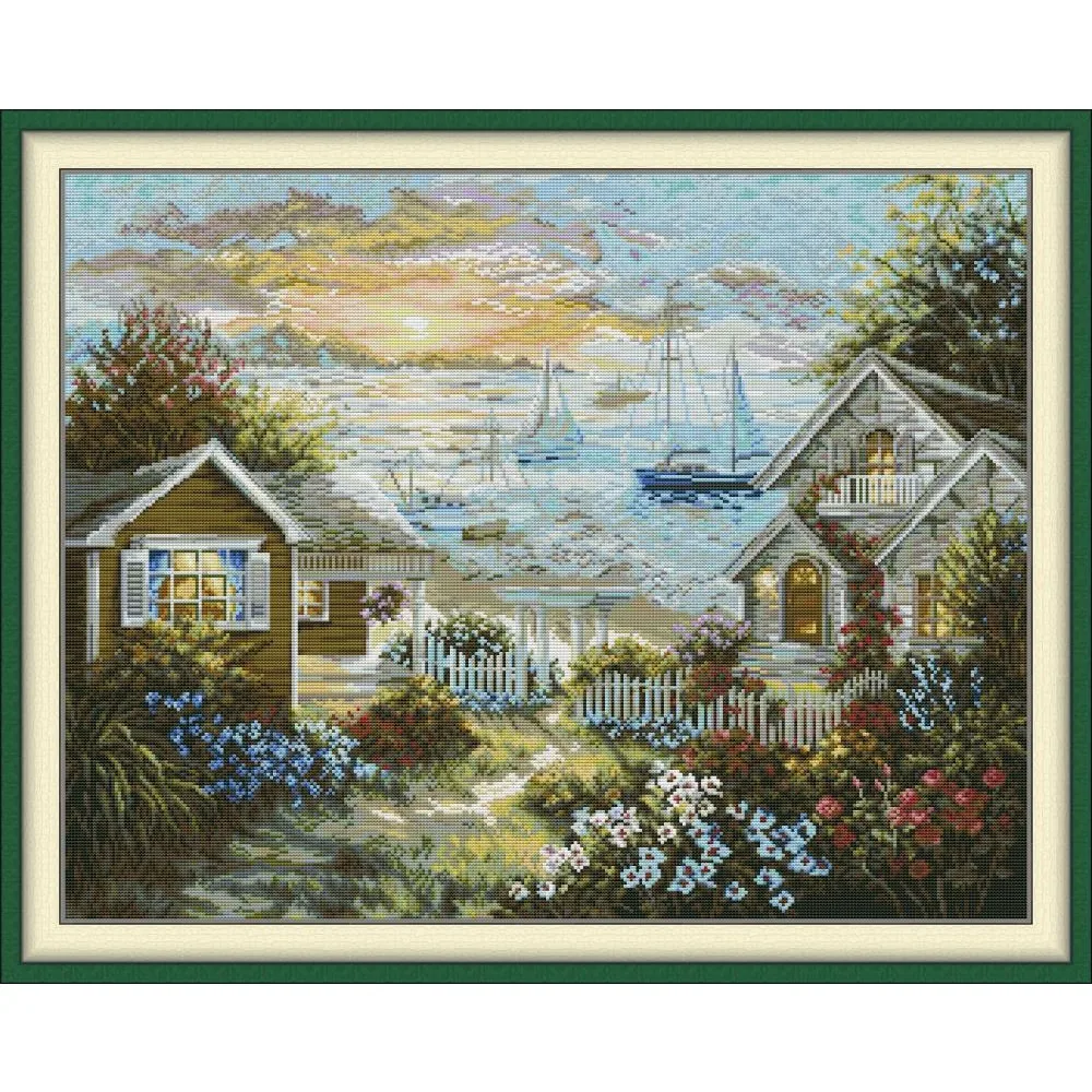 

Joy Sunday New Pre-printed Cross Stitch Kit Easy Pattern Aida Stamped Fabric Embroidery Set-The Red-The Peaceful Seaside