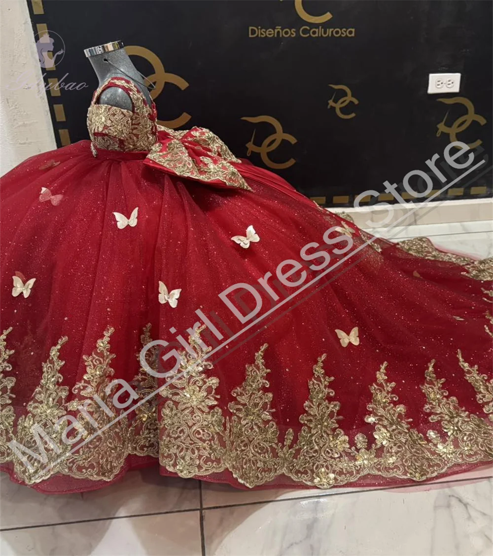 Luxury Red Flower Girl Dress Wedding With Big Bow Golden Lace For Children's Piano Performance Photography Competition Dress