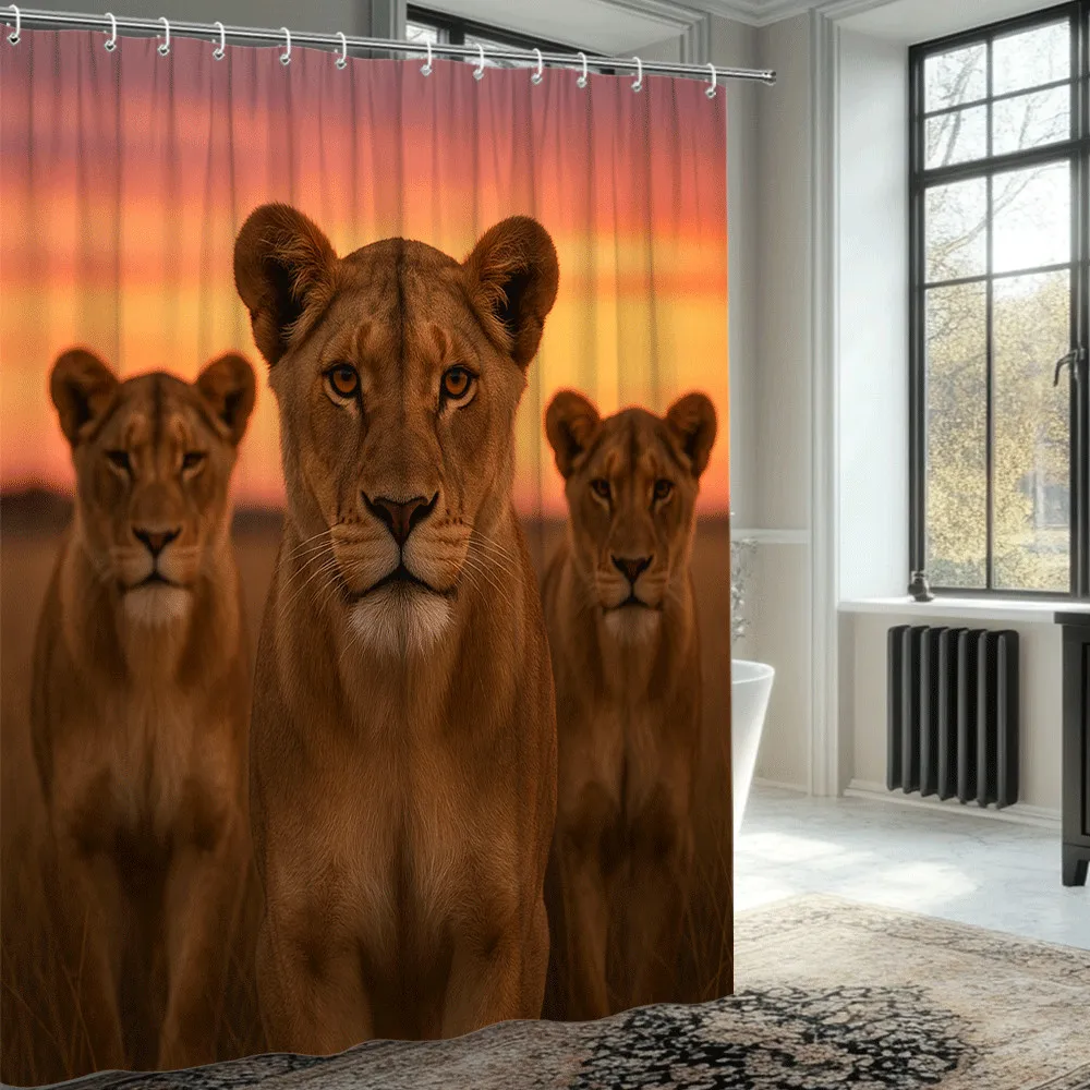 

Lioness Safari Sunset Shower Curtain Machine Washable All Season Waterproof Privacy Protection Wildlife Design Bold 12 Hooks