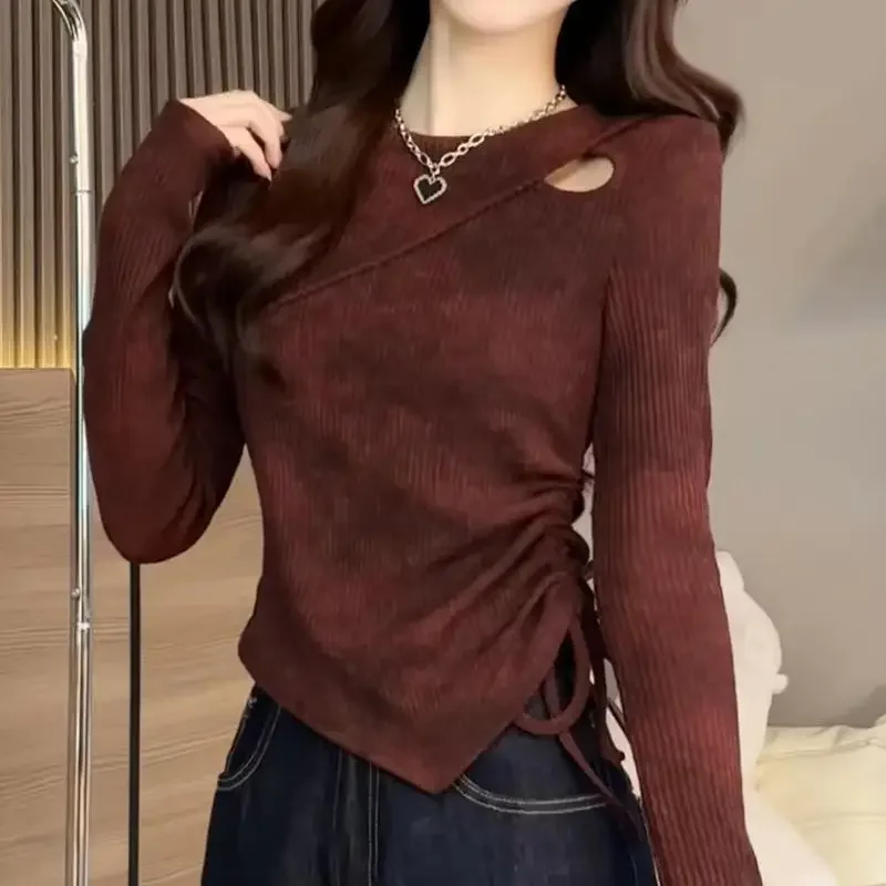 

Women's Top Drawstring Waist Slimming Spring Autumn New Style Casual Comfortable Plus Size round Neck Long Sleeve Dyed Knitted