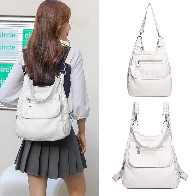 White Backpacks Fashion Soft Washed PU Leather Shoulder Bags Anti-thief Backpack Large Capacity School Bag for Teenager Girls