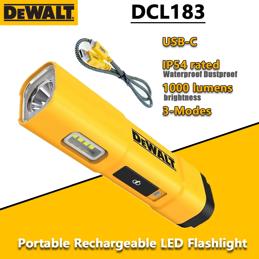 DEWALT DCL183 Portable Rechargeable LED Flashlight Jobsite Work Light with Belt Clip and USB Charging Cable Magnetic Searchlight