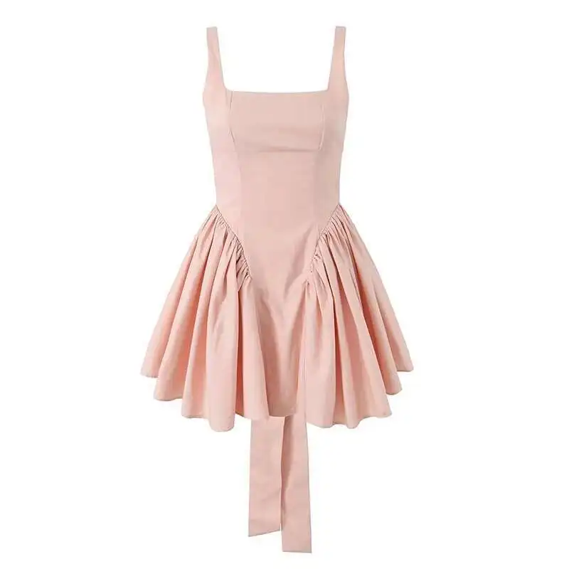 BabYoung فساتين نسائية صيفية مثيرة بدون ظهر بفيونكة قصيرة بدون أكمام وخصر منخفض مطوي سوينغ لحفلات الأعياد رداء أسود وأبيض ووردي