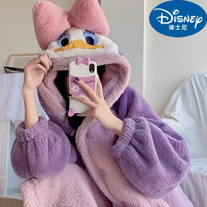 Disney Snow White Donald Duck Nightgown Winter Flannel Hooded Sleep Blouse Female Warm Cute Kawaii Thicker Chic Robes Sets Hot