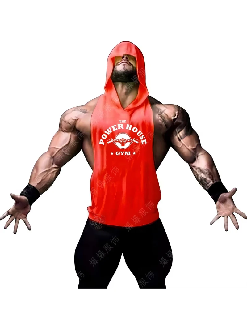 Undershirt Hooded Sleeveless Men's Summer Fashion Printed Vest Hooded T Shirt Sports Fitness Training Competition Tank Top