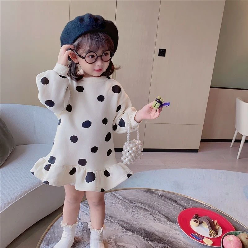 Toddler Girls Warm Sweater Dress 2023 Winter New Korean Children Splicing Pleated Dress Kids Polka Dot Printed Casual Clothes